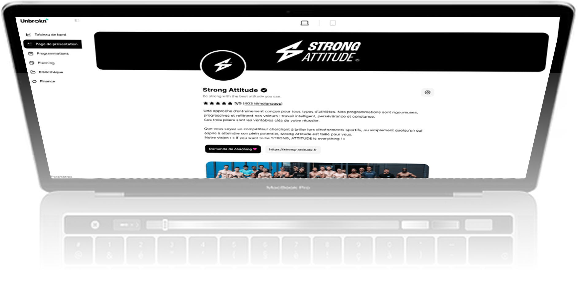 Aperçu du tableau de bord Unbrokn